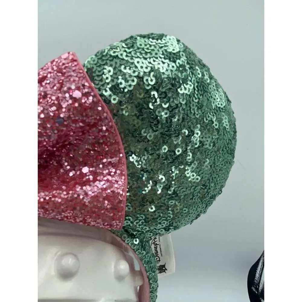 Genuine Disney Park Sequin Mint Green Ears Pink Bow Minnie Mickey Mouse Headband